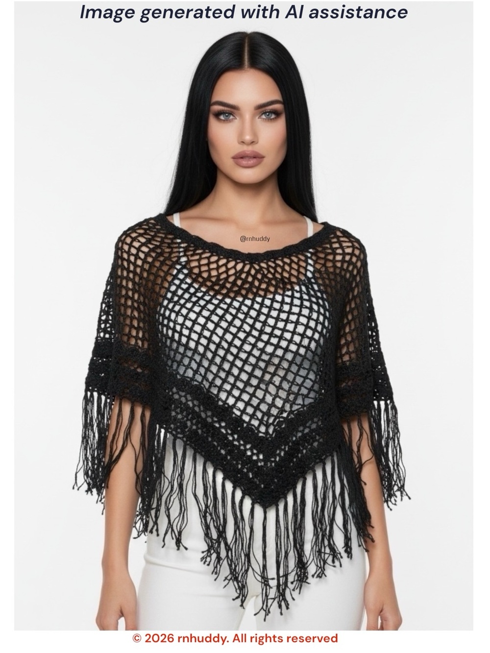 The Limited OS black crochet beaded fringe poncho